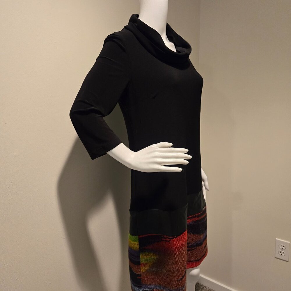 Joseph Ribkoff Cowlneck Drop Waist Leather Trim Dress Black 10 - Picture 3 of 4